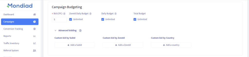 Mondiad campaign bidding