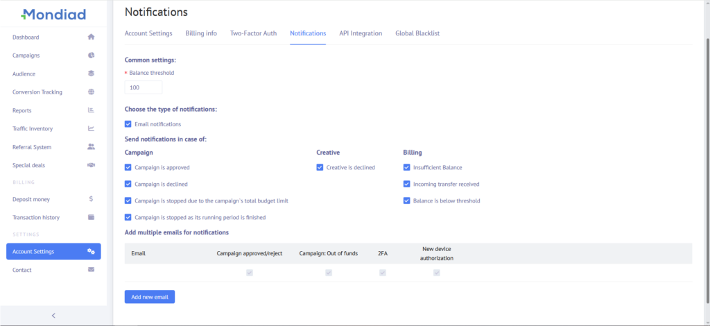 Mondiad account settings notification options