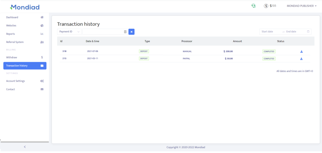 Mondiad transaction history