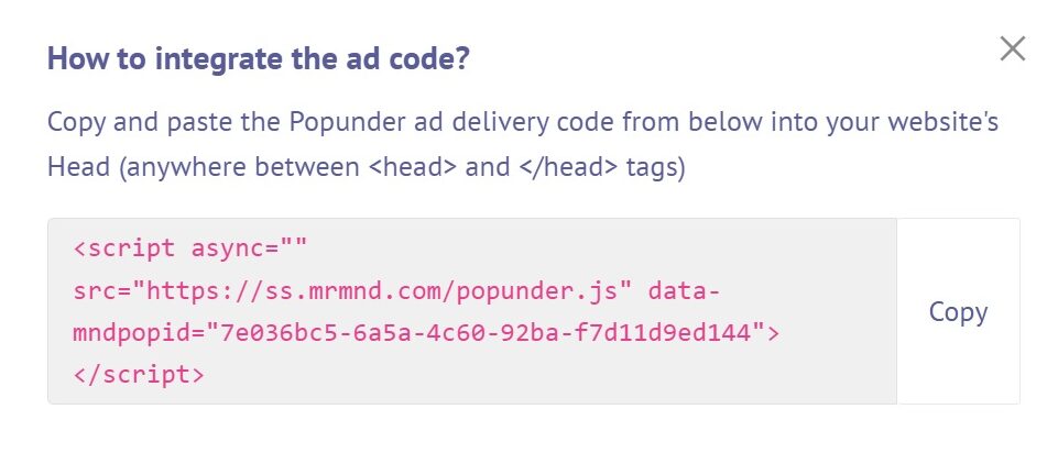 Mondiad Popunder ad code setup