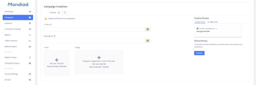 Mondiad ad creatives configuration menu