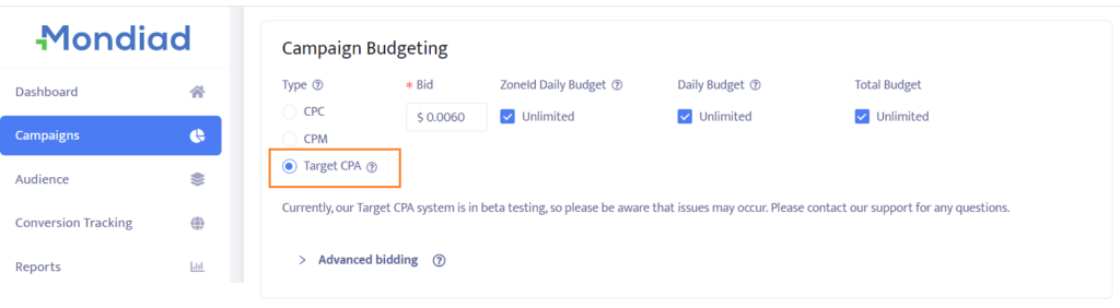 Mondiad TargetCPA