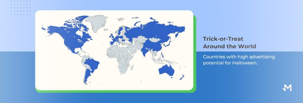 World map with countries that have high advertising potential for Halloween highlighted in blue, including North America, Brazil, Europe, Russia, China, India, Japan and Australia.