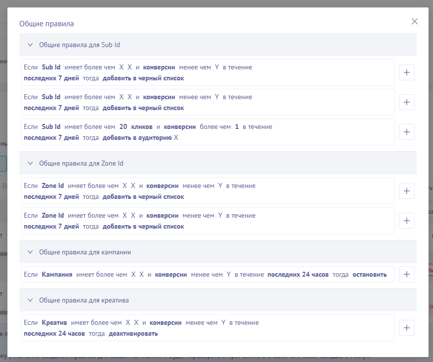 Пресеты автоматических правил Mondiad