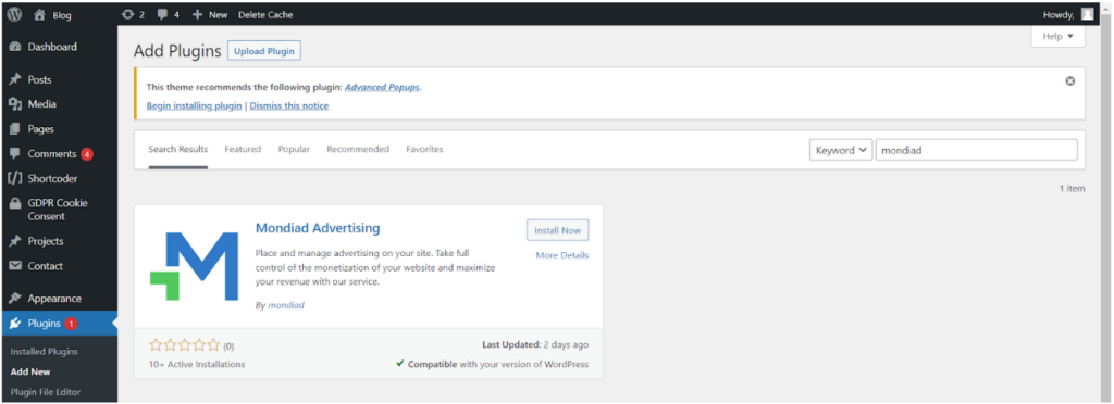 Вставка кода через плагин Mondiad для WordPress