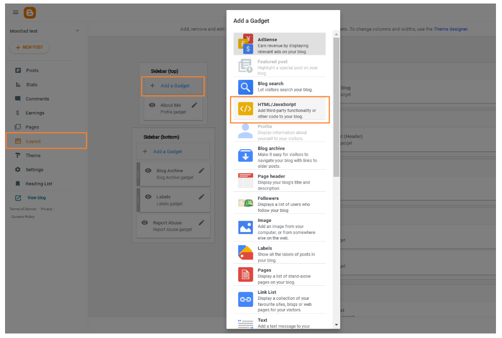 Вставка рекламного кода Mondiad с помощью гаджета HTML/JavaScript