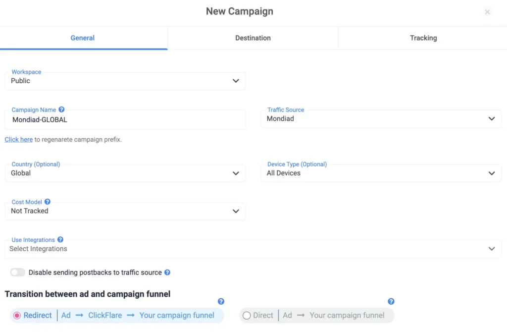 Setting up a Mondiad campaign in ClickFlare