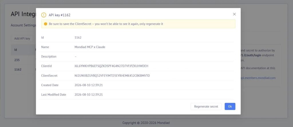 Mondiad API Key Creation for MCP