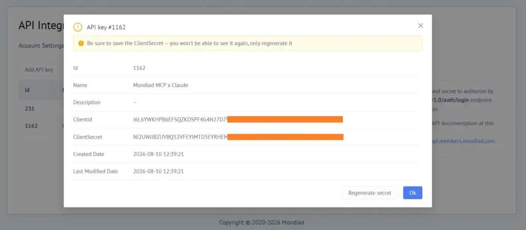 Mondiad API Key Creation for MCP