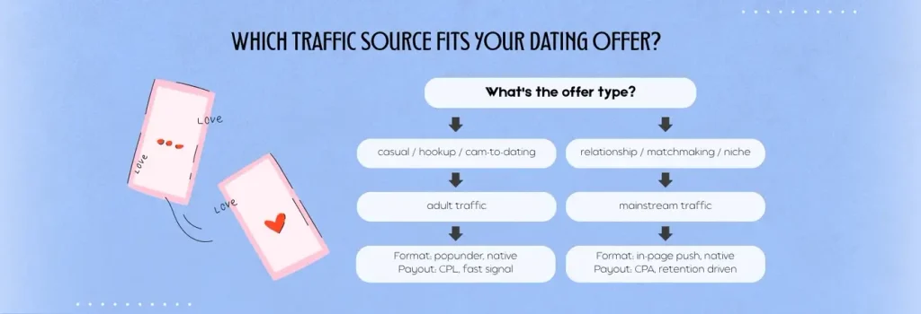 Decision flowchart for choosing traffic source based on dating offer type: casual and hookup offers route to adult traffic with popunder and native formats, relationship and matchmaking offers route to mainstream traffic with in-page push and native formats.