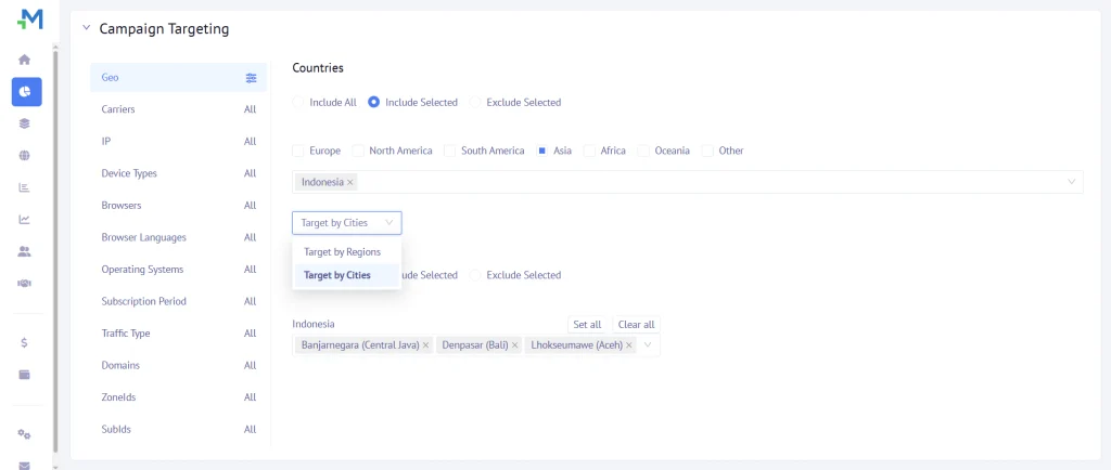 advertising in Indonesia: Mondiad ad campaign targeting setup screenshot
