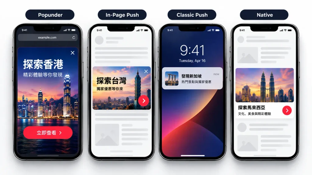 Popunder, in-page push, classic push and native ad formats for Chinese-speaking GEOs